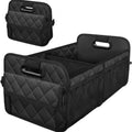 Waterproof Car Boot Organiser in black quilted diamond-stitch fabric, shown open and folded on a white background