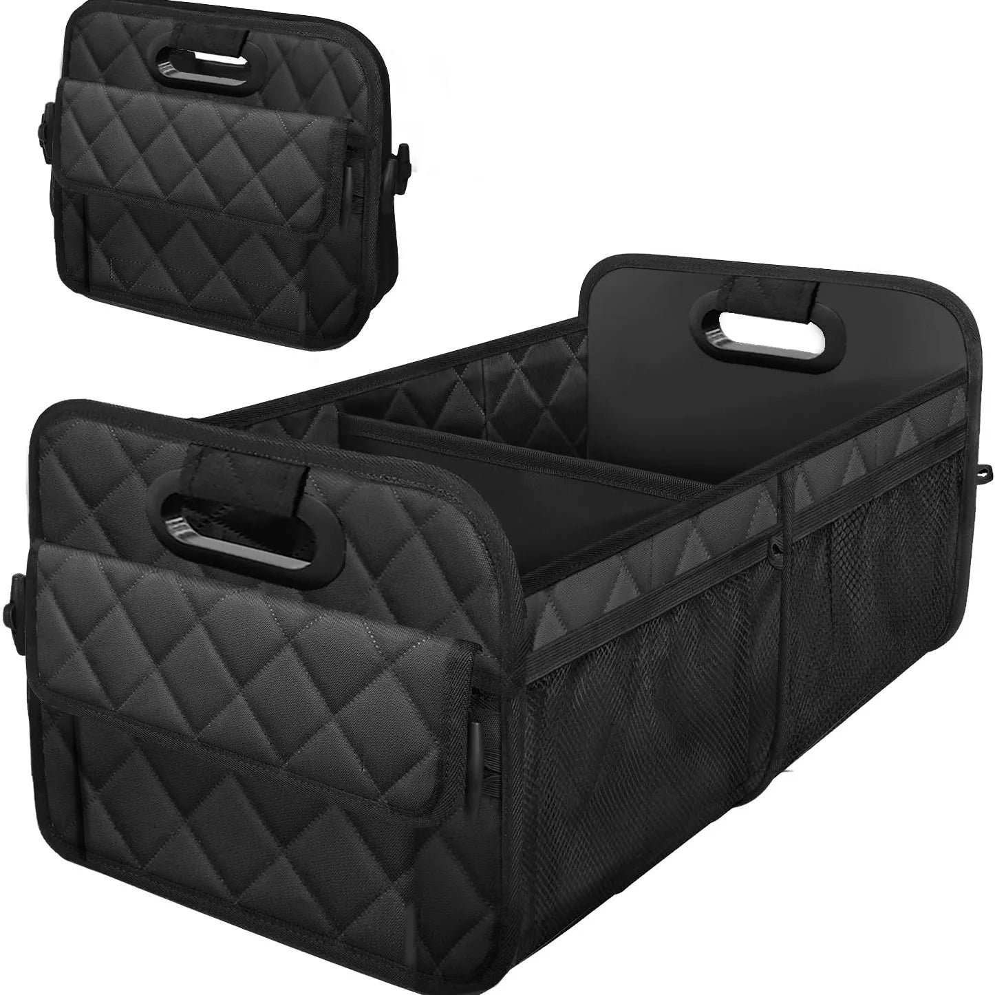 Waterproof Car Boot Organiser in black quilted diamond-stitch fabric, shown open and folded on a white background