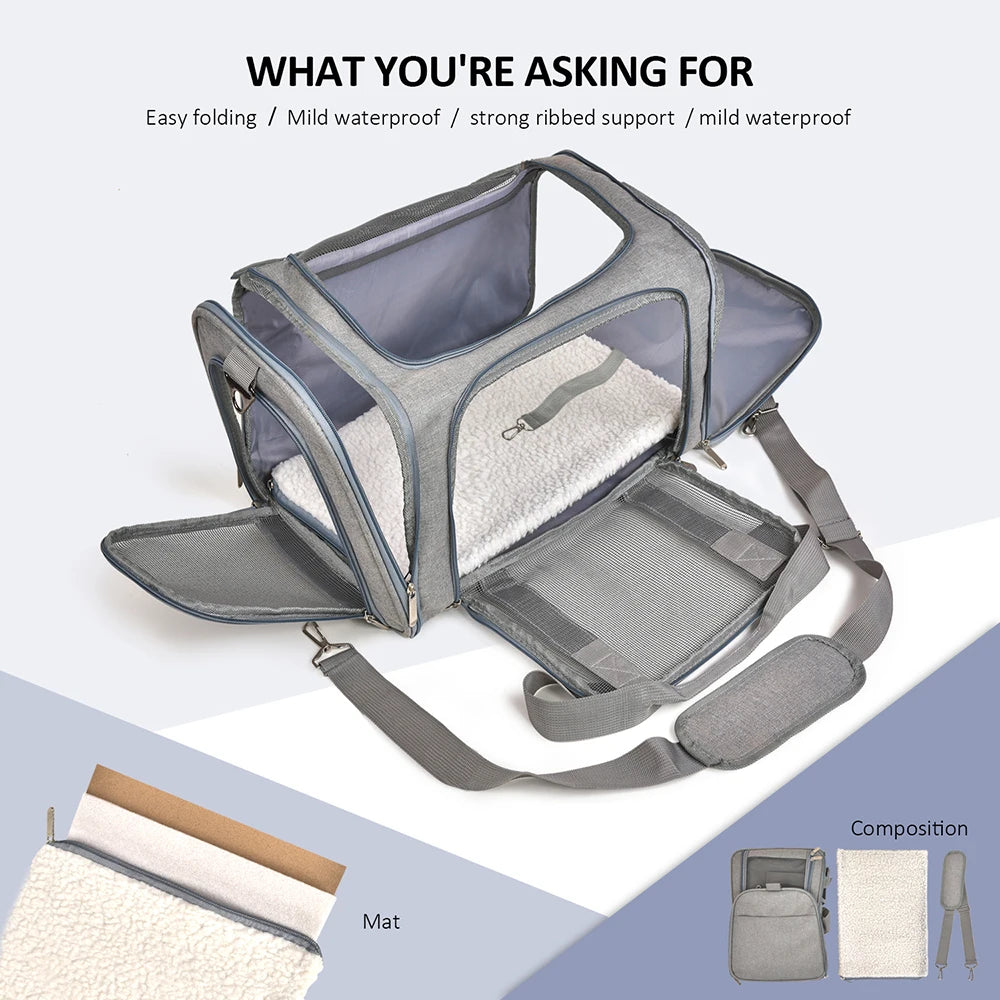 Pet Carrier Backpack grey mesh travel bag on white background, side handle view