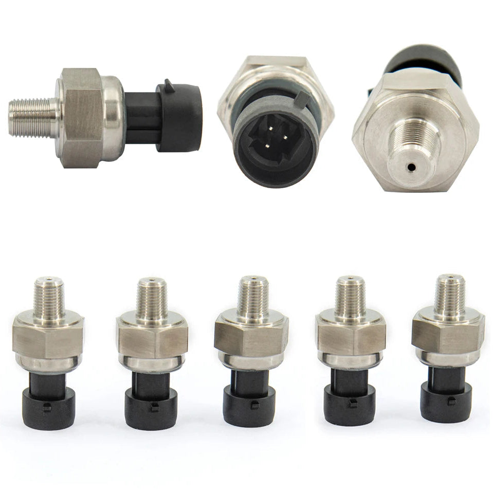 5-Channel Air Suspension Gauge stainless steel pressure sensors shown from side, connector and threaded port angles