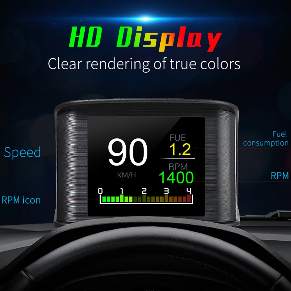 OBD2 Head-Up Display HD screen mounted on a car dashboard showing speed, fuel consumption and RPM readouts in true colour
