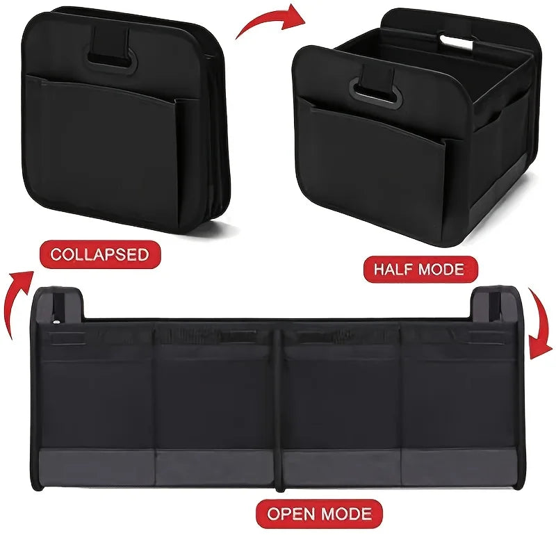 Three-panel diagram showing the foldable boot organiser collapsed, half-open and fully open
