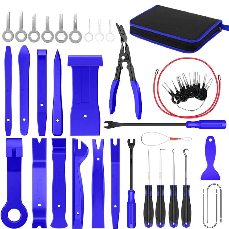 Blue interior trim removal tool kit and panel clip door card pry bar set arranged in rows next to its zippered carry case.