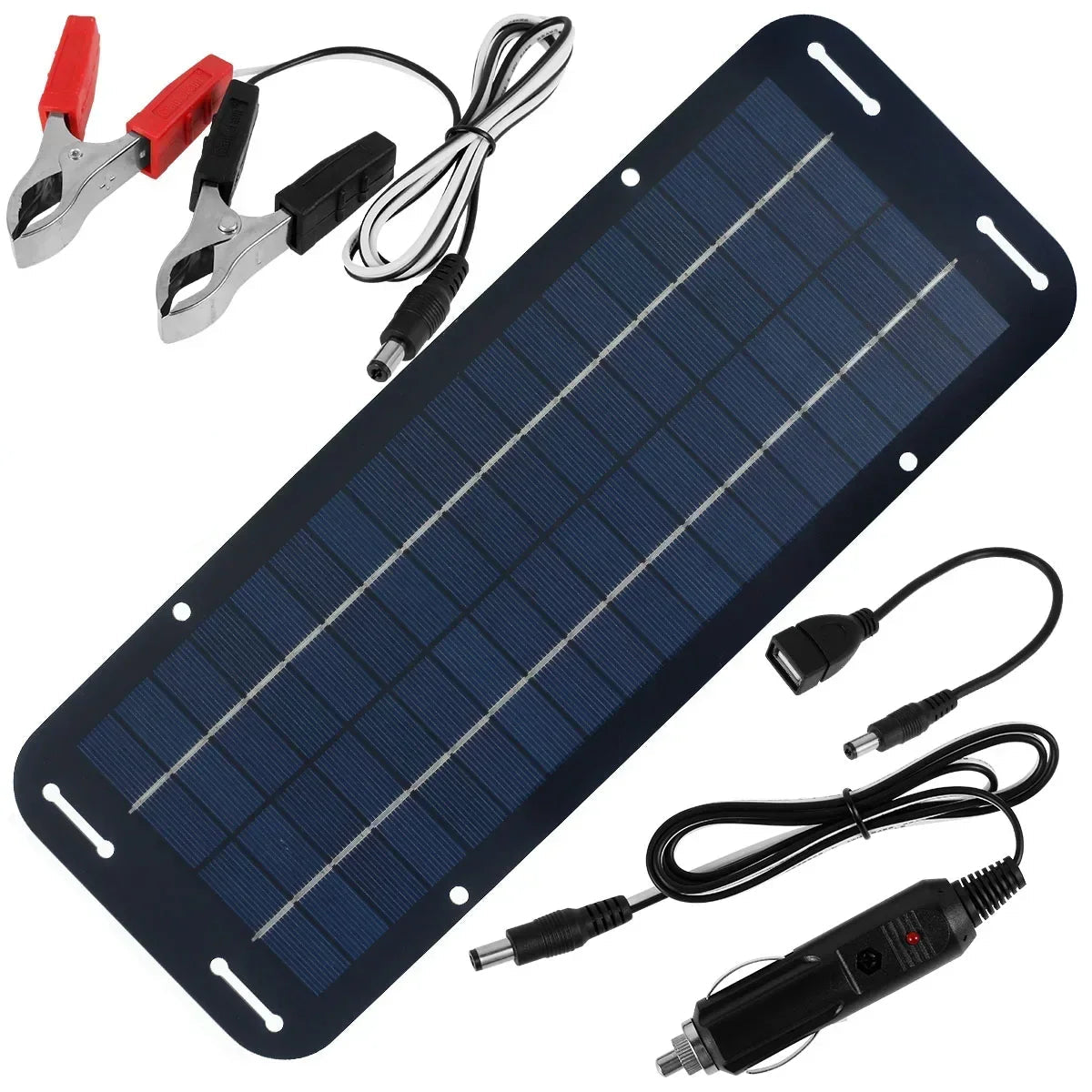 Solar battery trickle charger panel with red and black alligator clips, USB adapter cable and cigarette lighter plug laid flat on a white background