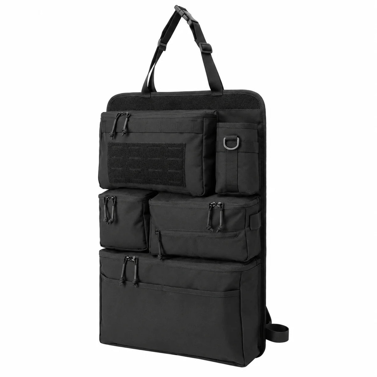 Tactical Seat Back Organiser in black with MOLLE panel, zippered pouches, bottle holder and adjustable headrest strap, white background