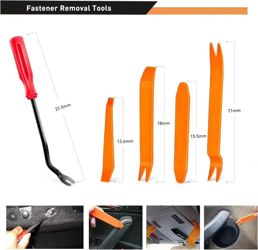 Close-up of five-piece orange fastener and trim panel removal tools with plastic clip installation steps shown