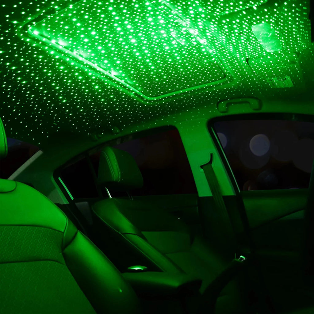 Tri-Colour Star Projector green starlight illuminating car rear cabin ceiling