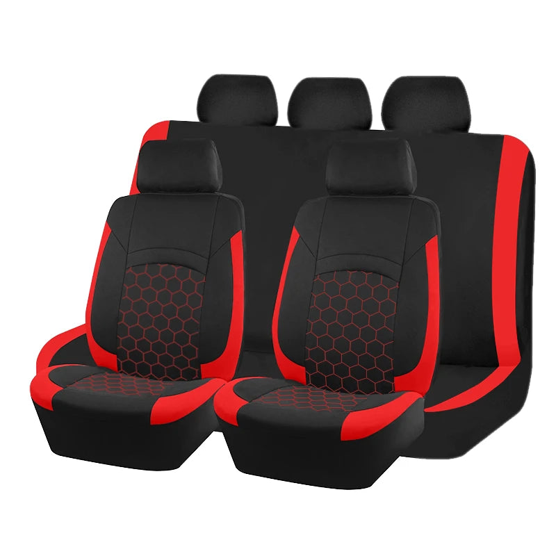 Red and black Football Embroidery Seat Covers for a pair of front seats shown from a side angle on a white background