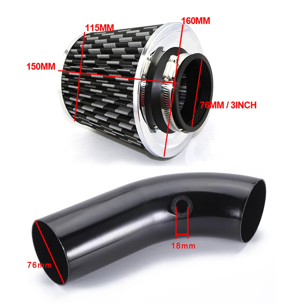 Dimension diagram of the cone air filter and intake elbow pipe with size measurements