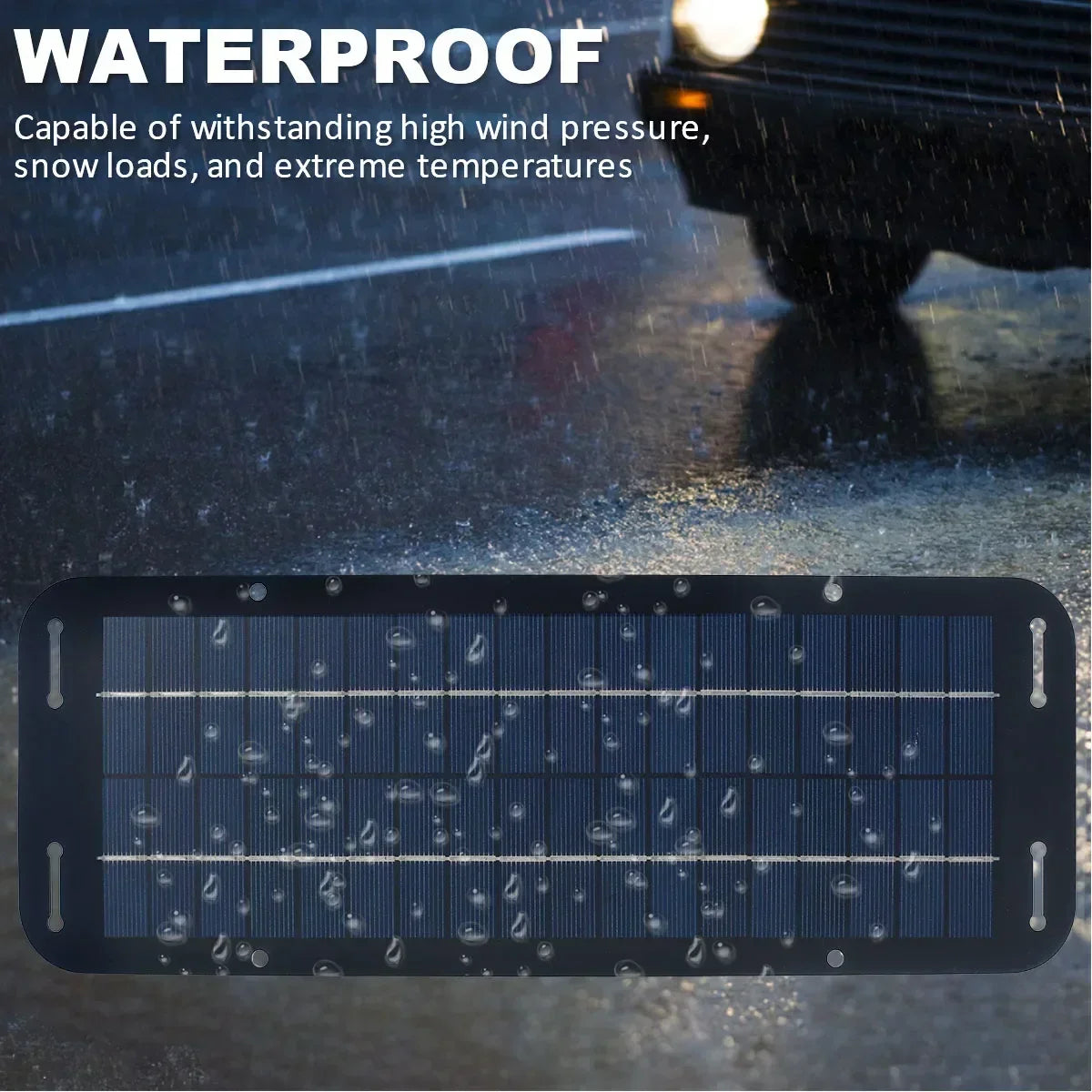 Solar battery trickle charger panel shown waterproof with rain droplets on the surface, rated to withstand wind and snow load