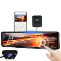 11-Inch 4K Mirror Dash Cam touchscreen with rear camera, GPS module and smartphone app showing night road footage