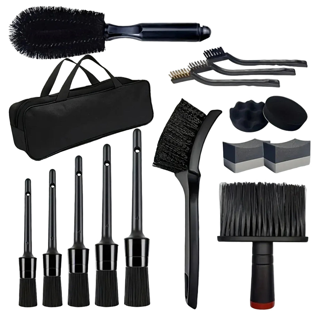 Black wheel and detailing brush kit with wheel brush, tyre brush, dust brush, detailing brushes, wire brushes, pads and bag
