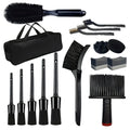 Black wheel and detailing brush kit with wheel brush, tyre brush, dust brush, detailing brushes, wire brushes, pads and bag