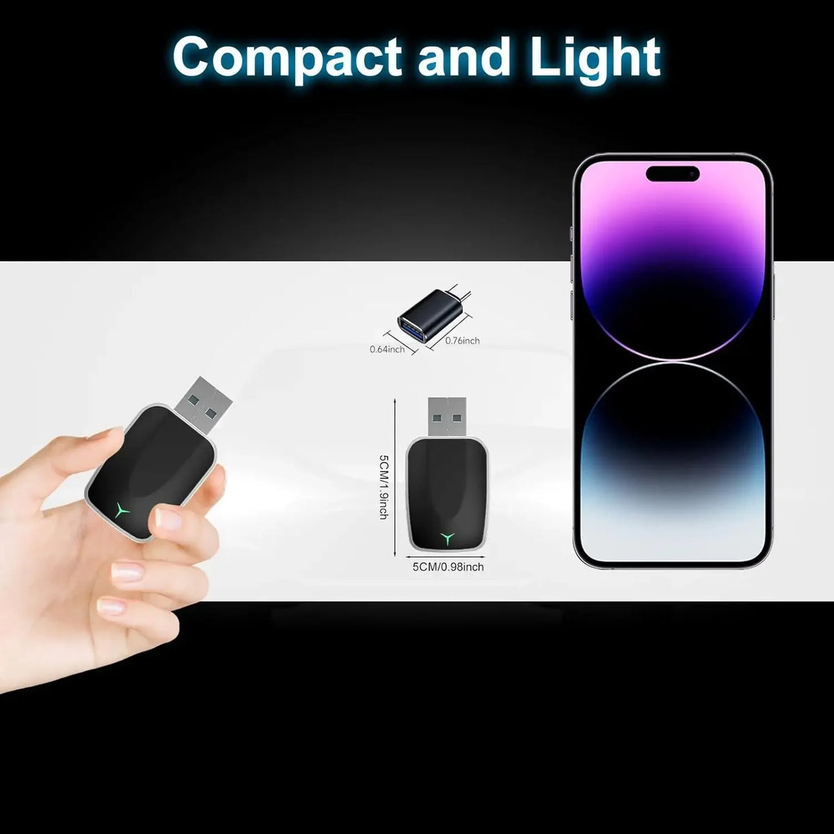 Hand holding the compact Slimline Wireless CarPlay Adapter beside a smartphone, with size markings for scale