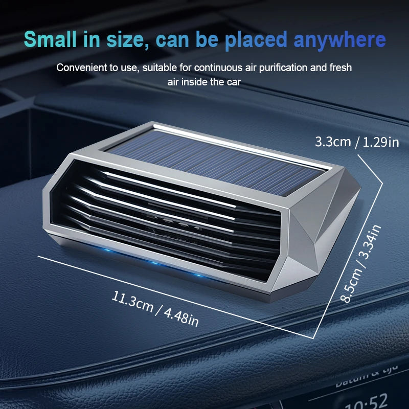Solar car air purifier on a dashboard with dimensions 11.3cm by 8.5cm by 3.3cm
