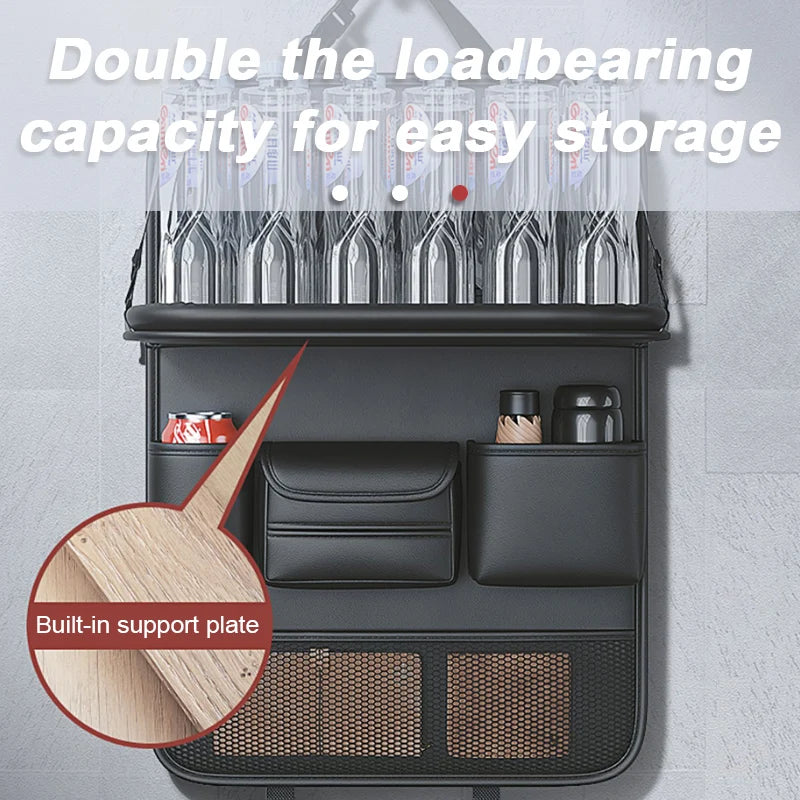 PU Leather Car Backseat Organiser with wide top tray holding six drink bottles to demonstrate doubled load bearing capacity