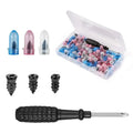 Tubeless Tyre Repair Kit laid out on a white background showing the storage box, rubber repair screws in three sizes and the insertion tool