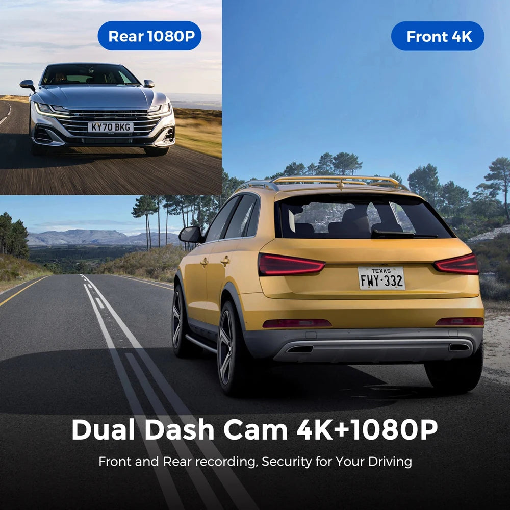 4K WiFi Dash Cam dual-channel setup showing a rear vehicle 1080P camera view and a front 4K camera view captured while driving
