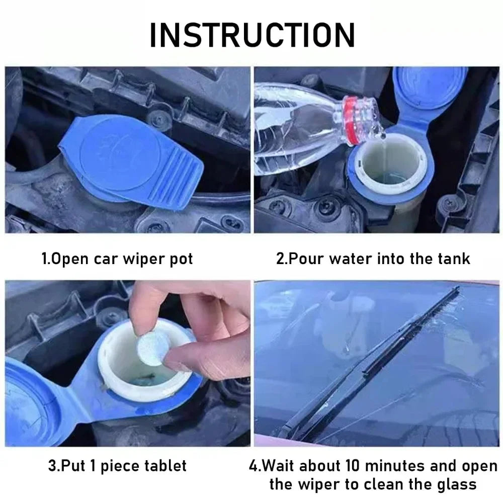Four-step instructional graphic showing how to open the wiper fluid pot, pour water, add a Windscreen Washer Fluid Tablet and clean the windscreen with the wipers