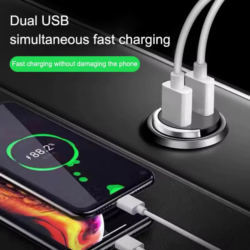 100W mini car charger with dual USB cables charging two smartphones simultaneously in a car