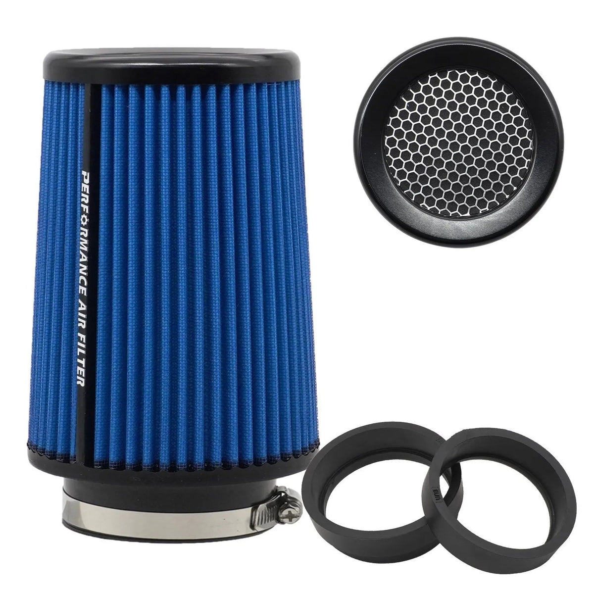 Blue performance cold air intake filter with honeycomb mesh guard and rubber reducer rings