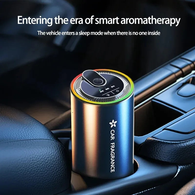 Smart Cup Holder Diffuser with rainbow LED light ring sitting in a car centre console cup holder