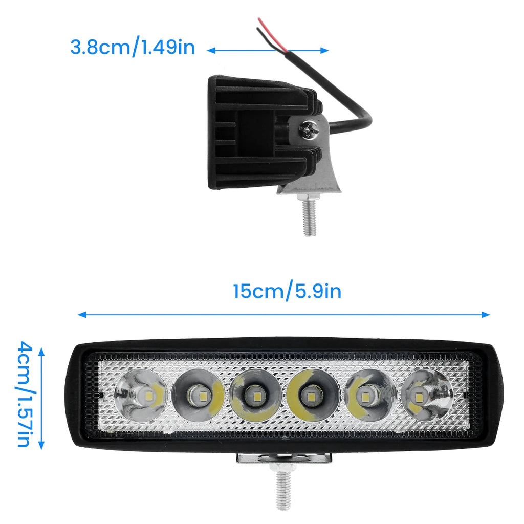 Compact LED Work Light dimensions: 15 cm long, 4 cm high and 3.8 cm deep, front and side views