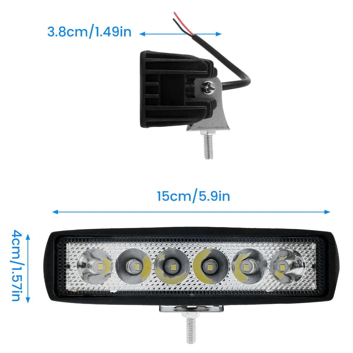 Compact LED Work Light dimensions: 15 cm long, 4 cm high and 3.8 cm deep, front and side views