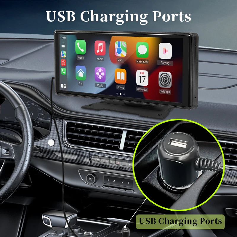 10.26 Inch CarPlay Android Auto Monitor installed on a car dashboard with USB charging port close-up
