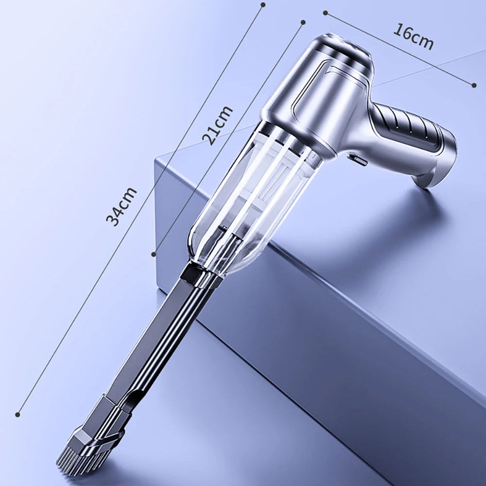 Handheld vacuum cleaner with measurement details on a light blue background