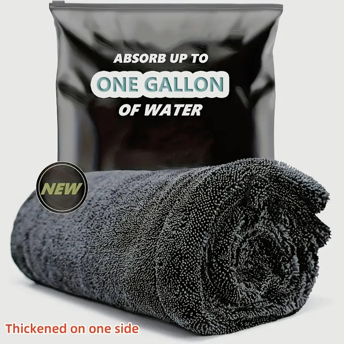 Rolled microfibre car drying towel beside its resealable packaging, absorbs up to one gallon of water