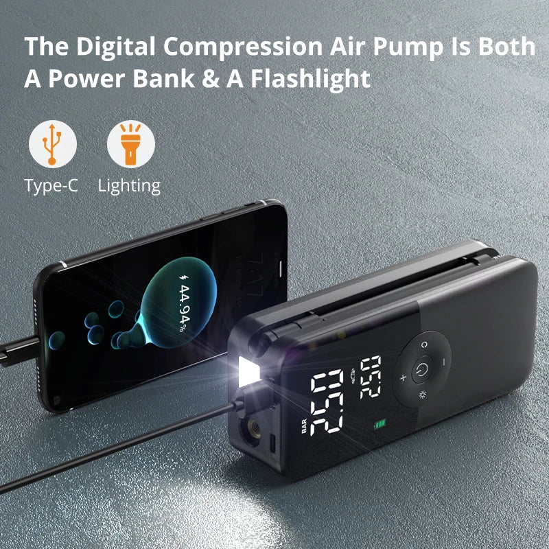 Cordless Tyre Inflator Doubling as Power Bank and Flashlight Charging Phone
