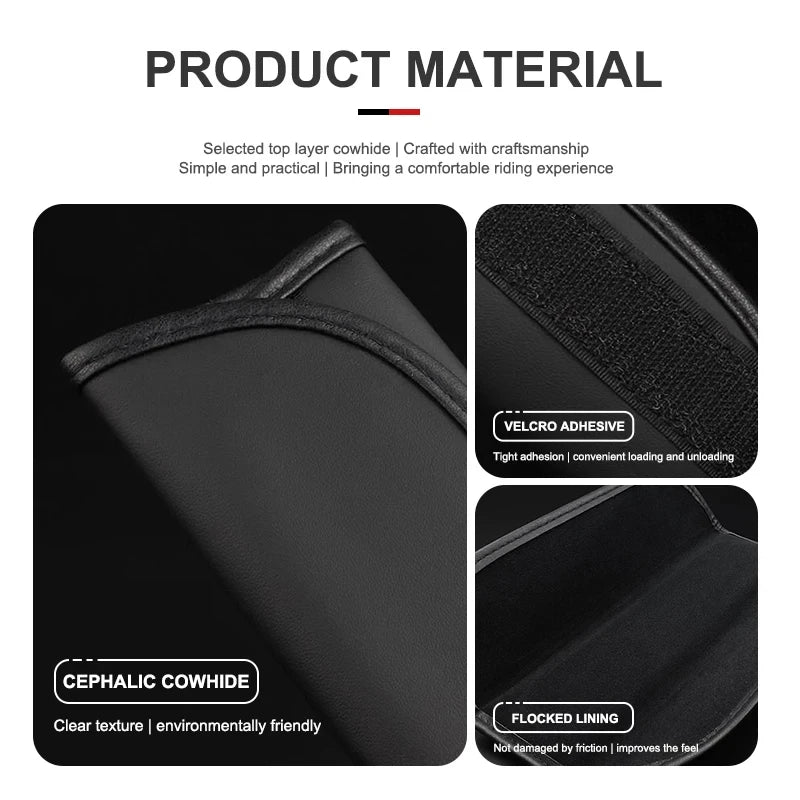 Product Material Infographic Showing Cowhide Leather Velcro and Flocked Lining