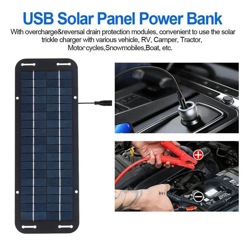 Solar battery trickle charger panel mounted on the dashboard of an RV parked beside a lake, with alligator clips shown connecting to a car battery