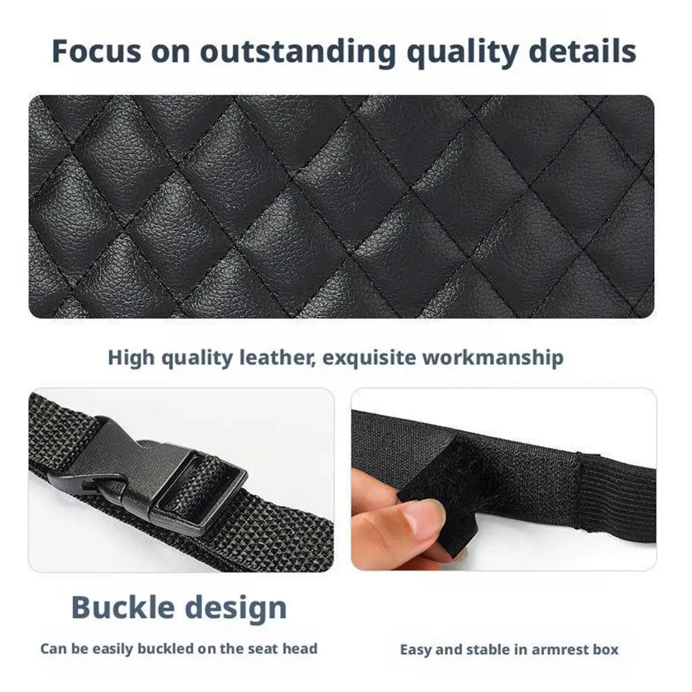 Close-up of quilted PU leather stitching, buckle clip and hook-and-loop fastening quality details