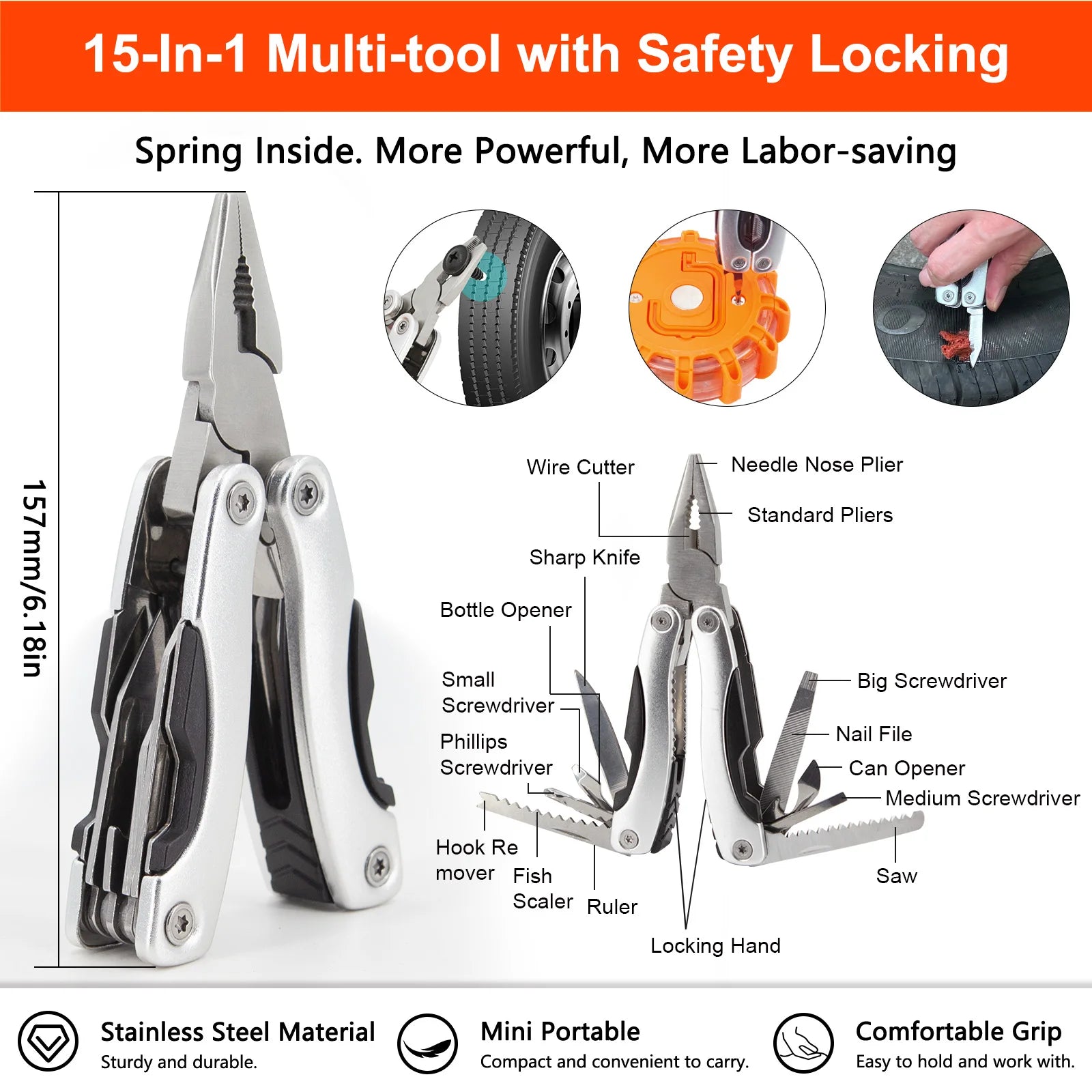 15-in-1 stainless steel multi-tool from the Deluxe Tyre Repair Kit showing pliers, screwdrivers, knife and saw functions