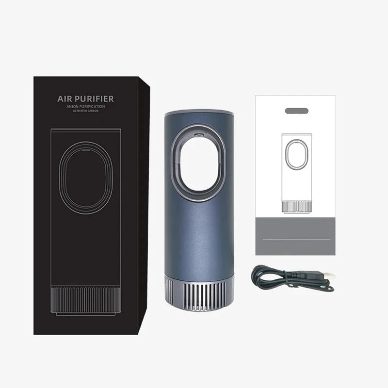 Smart car air purifier retail packaging alongside the unit, instruction card and USB charging cable