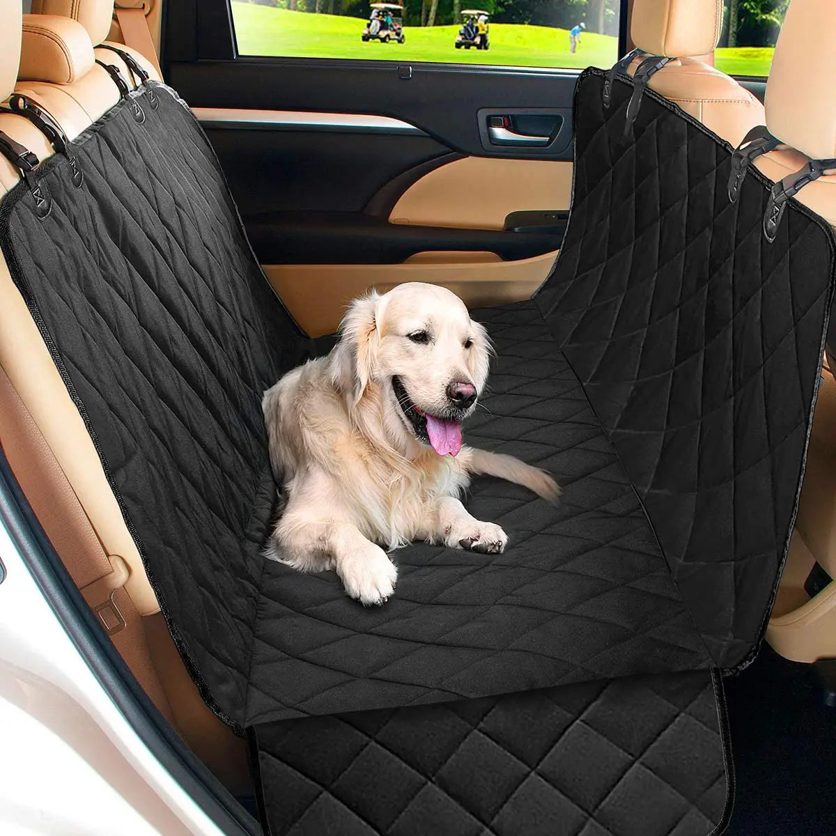 Golden retriever lying on a waterproof dog seat hammock installed across a car back seat