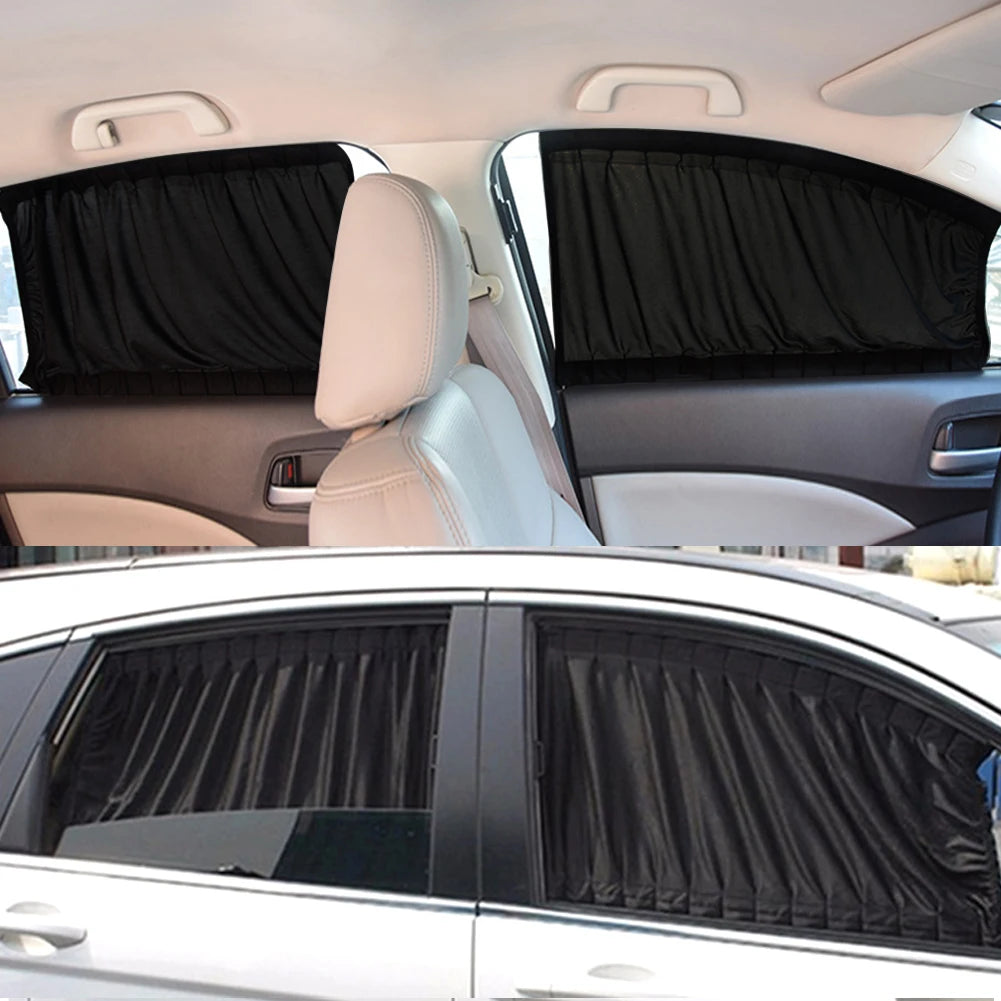 Black Side Window Privacy Curtains drawn closed over front and rear side windows, shown from inside and outside the car