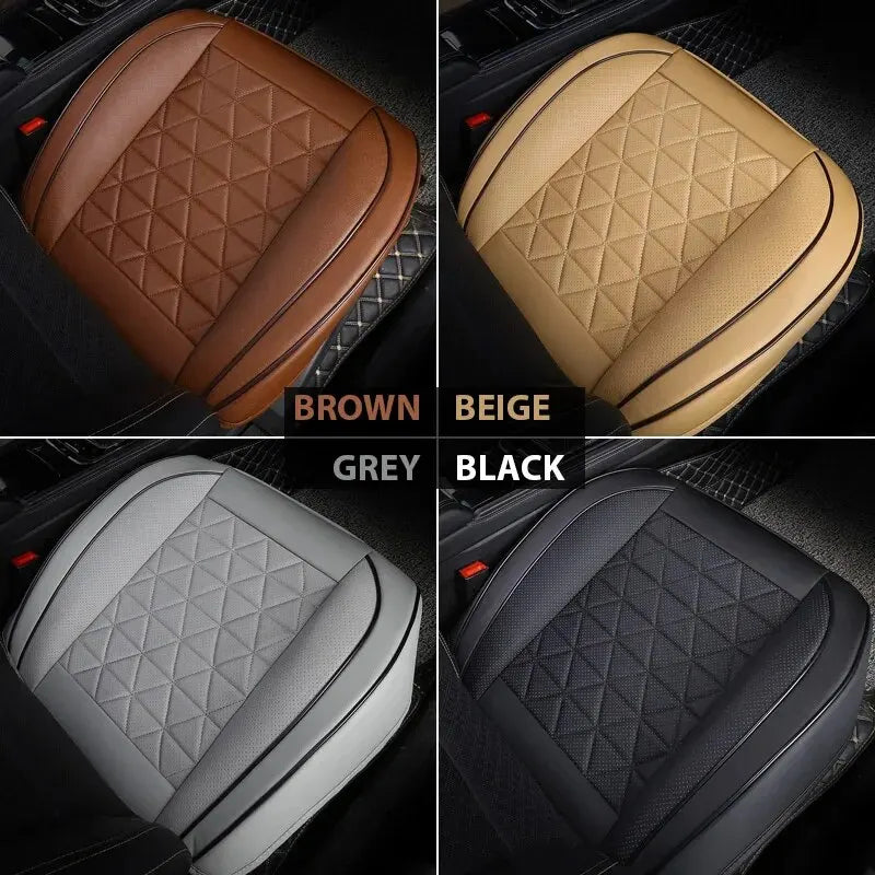 Front Seat Cushion Cover colour options showing brown, beige, grey and black variants fitted to a car seat