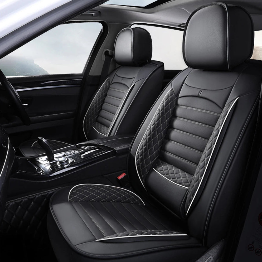 Modern Ribbed Leather Seat Covers with white stitching installed in a car interior
