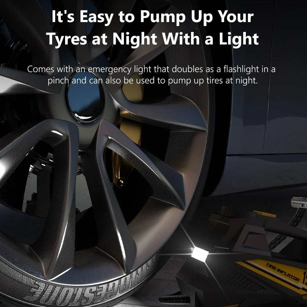 Corded Tyre Inflator Pump's LED emergency light illuminating a car tyre at night while inflating