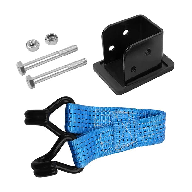 Wheel lifter kit with mounting bracket, two bolts, two nuts and blue hook strap laid out