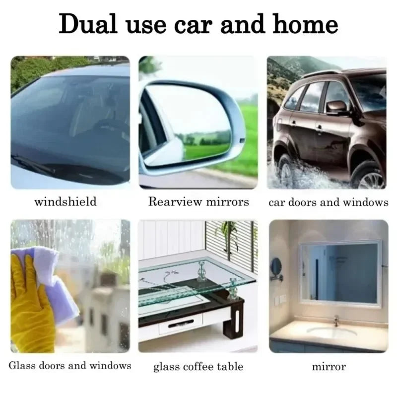 Grid of six images showing Windscreen Washer Fluid Tablets used on car windscreens, mirrors, doors, home glass doors, coffee tables and bathroom mirrors