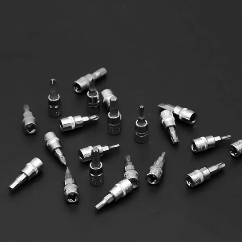Close-up of assorted chrome vanadium screwdriver bits and sockets