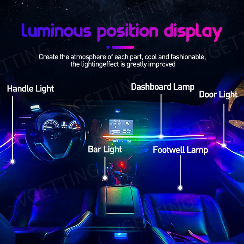 Symphony Ambient Lighting Suite installed on handles, dashboard, doors, centre bar and footwells of a car
