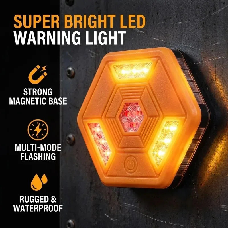 Rechargeable LED Road Flare glowing amber with callouts for magnetic base, multi-mode flashing and waterproof rating