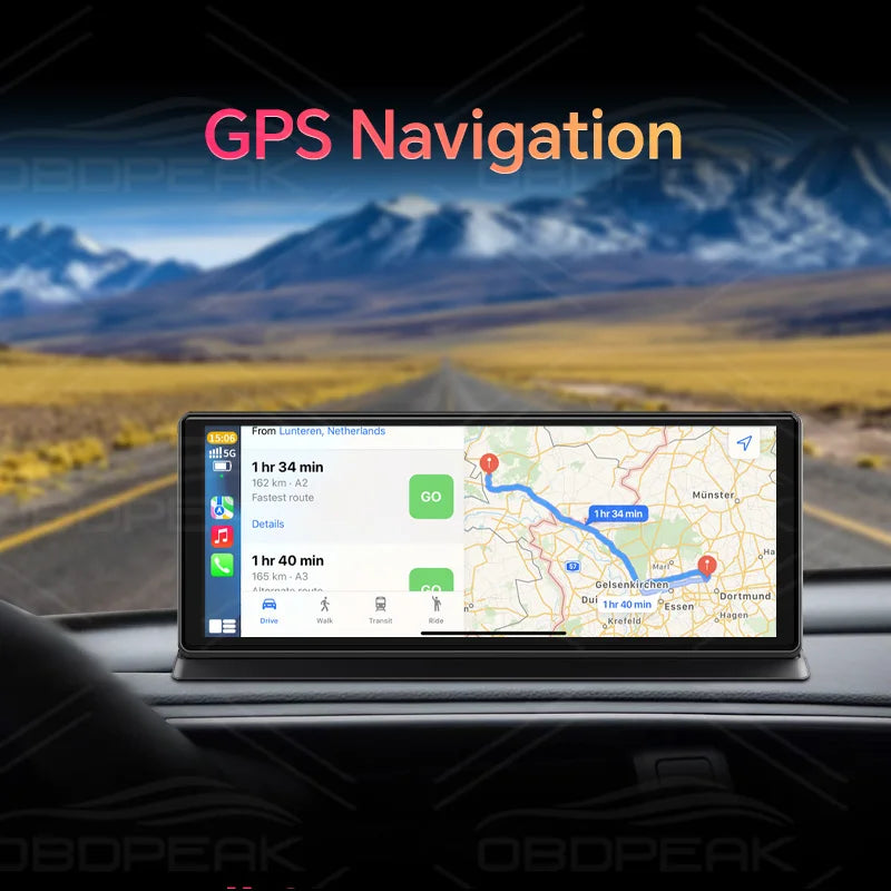 Pro CarPlay Dash Cam GPS navigation screen displayed on the 11.3-inch touchscreen with a live route map, shown against a mountain road backdrop