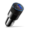 Black Alloy USB Car Charger for 12V socket showing USB-C and USB-A fast charging ports on white background