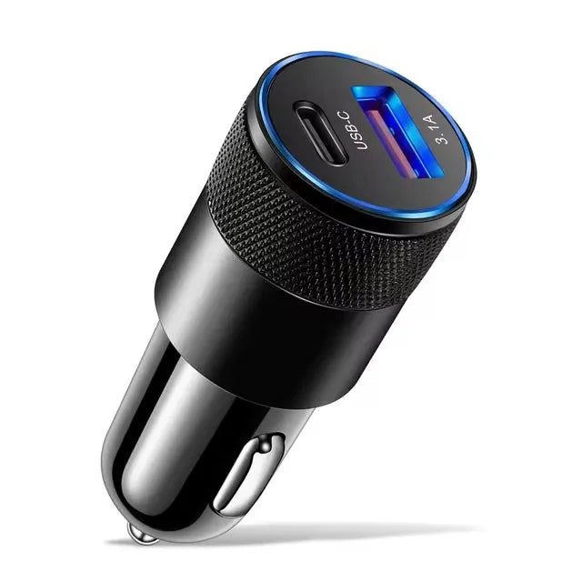 Black Alloy USB Car Charger for 12V socket showing USB-C and USB-A fast charging ports on white background